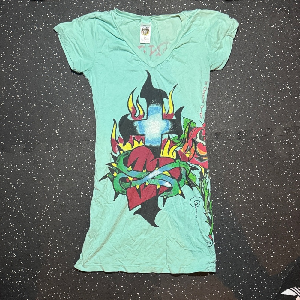 Vintage Ed Hardy Teal Graphic V-Neck Tee